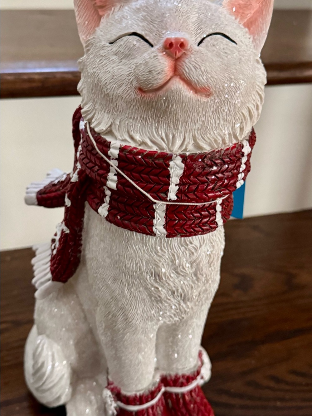 White Cat Figurine with Red Scarf - Christmas Pet Statue